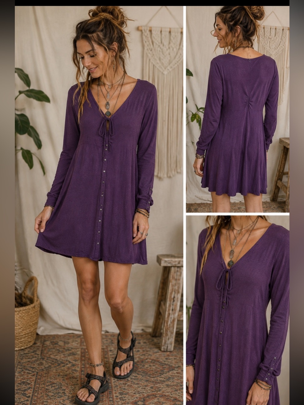 Nomads Hempwear Plum Boho Button Front Dress | Hemp Organic Cotton L